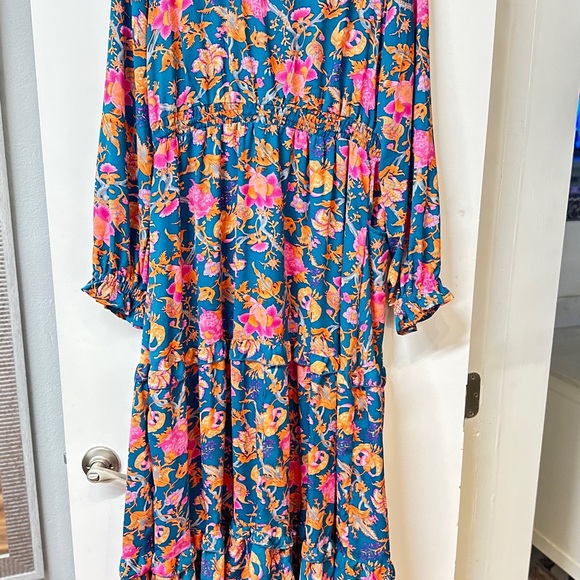 Boemo Anthropologie Long Sleeve Tiered Pink and Teal A Line Maxi Dress - Picture 3 of 8